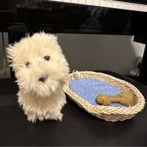 American Girl Dog “Coconut” with original basket, liner cushion, and bone. 2000